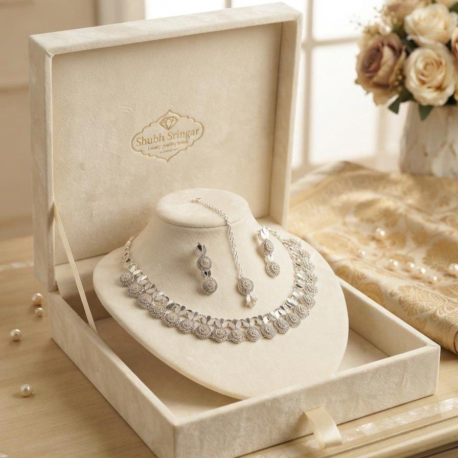 Shubh Shringar Floral Crystal Choker Necklace Set - Silver Plated Bridal Jewelry Set with Earrings & Pendant in Premium Gift Box